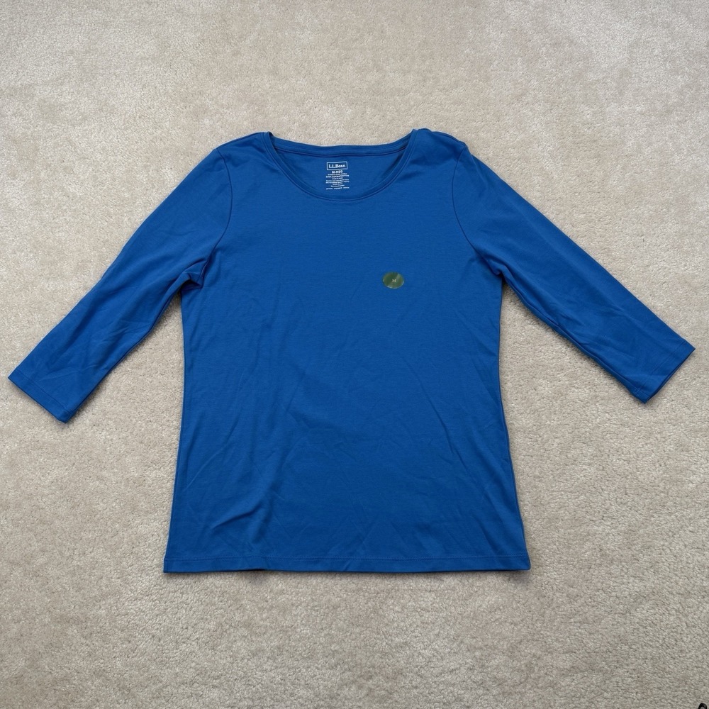 NWOT LL Bean Pima Cotton Shaped Tee Womens M Blue 3/4 Sleeve Jewelneck - Picture 1 of 8